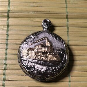 Gold Tone Pocket Watch-Quartz-Floral Design-Train Locomotive-Needs Battery